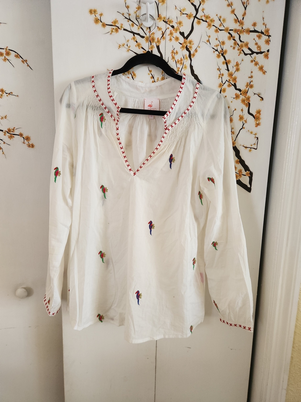 White Embroidered Parrot V-Neck Tunic